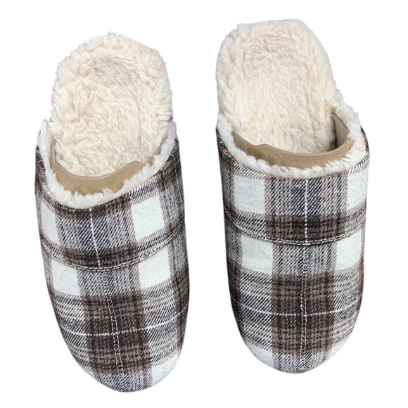 Vionic Mens Size 8 Brown White Plaid Memory Foam Slide On Mule Slippers Shoes - Picture 3 of 6
